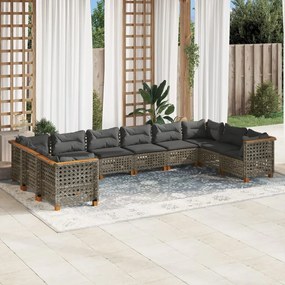 10 pcs conjunto sofás de jardim c/ almofadões vime PE cinzento