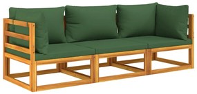 3 pcs conj. lounge jardim madeira c/almofadões verdes