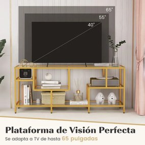 Móvel para TV até 65'' Retangular 147 x 40 x 62 cm ou Mesa apoio com Estantes de Vidro Temperado Centro de Entretenimento para Sala de Estar Dourada