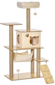 PawHut Árvore Arranhadora para Gatos Torre de Escalada com Plataformas Rede Escada Caverna Postes para Arranhar de Juta Bola Supensa e Descanso 60x40x130cm Bege