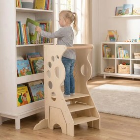 Banco de cozinha infantil 72 x 59 x 90,5 cm Torre de aprendizagem 2 em 1 com barras de segurança e 2 degraus para crianças +3 anos Natural