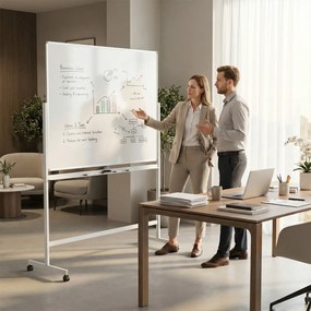 Quadro magnético 156 x 54 x 195/215 cm dupla face móvel com suporte ajustável e rodas bloqueáveis para escritório, casa e sala de aula Branco