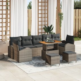 Conjunto de Sofás de Jardim de 10 Peças com Almofadas Cinza Rattan PE Acácia