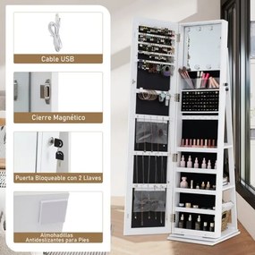 Armário giratório de 360° para joias com espelho de corpo inteiro 43 x 38 x 160 cm e prateleiras Espelho de maquilhagem Branco