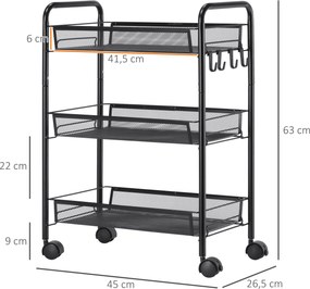 Carrinho cozinha de 3 níveis de arrumação com cestos de serviço com rodas, 45 x 26,5 x 63 cm, preto