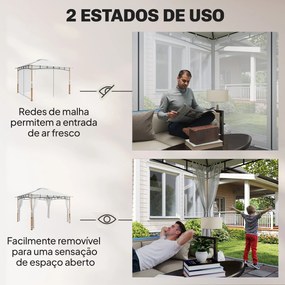 Pérgola para Jardim 3x3,6 m com Telhado Duplo Paredes de Rede UPF50+ Estrutura Metálica Creme e Teca