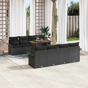 vidaXL Conjunto de Sofá de Jardim de 9 peças com Almofadas Preto Polirattan Acácia