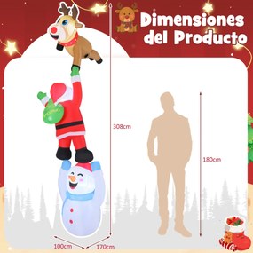 Decoração natal insuflável suspensa com Pai Natal, rena e boneco de neve pré-iluminada com luzes LED  308 cm Multicolorida