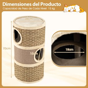 Cama para gatos de 3 andares multinível de 70 cm com arranhador de sisal Cama acolchoada para sestas Torre em forma de árvore Castanho