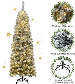 Árvore de Natal com neve de 1,8 m iluminada com 250 luzes LED quentes, 500 ramos e base metálica dobrável Verde