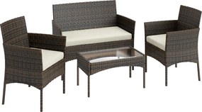 Outsunny Conjunto de Jardim em Vime com Almofadas Móveis de Exterior com 2 Poltronas Sofá de 2 Lugares Mesa com Vidro Castanho e Bege | Aosom Portugal