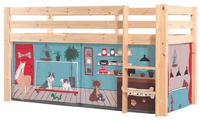 Cama alta de Criança PINO 90 x 200 cm + estrado + escada + cortina Animais Natural