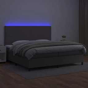 Cama box spring c/ colchão/LED 200x200cm couro artificial cinza