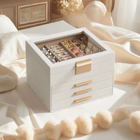 Caixa para joias 20,3 x 23,1 x 16,5 cm, caixa de joias com 4 níveis, caixa para joias com tampa de vidro Branco e dourado