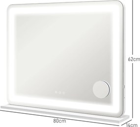 Espelho com iluminação LED  80 x 62 cm, 3 modos de iluminação, ampliação de 10x, porta de carregamento USB, botão tátil branco