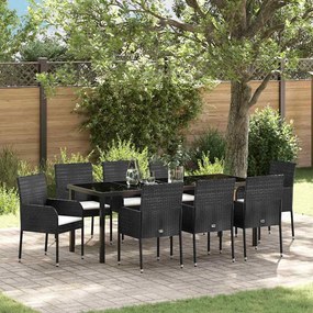 vidaXL Conjunto de Jantar de Jardim de 9 Peças com Almofadas Pretas em Rattan Poliéster