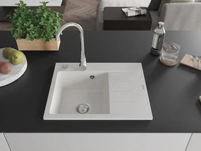 Mexen Ben lava-loiça de granito de 1 cuba com escorredor, esquerdo 600 x 500 mm, branco, sifão cromado - 6522605000-20