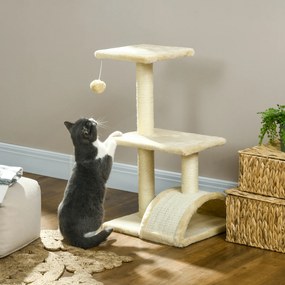 Arranhador para Gatos Médio de 3 Níveis  com Postes de Sisal Placa para Arranhar e Bola Suspensa 40x35x72 cm Creme