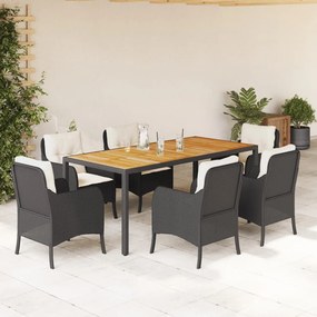 7 pcs conjunto de jantar p/ jardim c/ almofadões vime PE preto