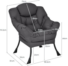Poltrona moderna em tecido de poliéster com estrutura em metal estofada com bolso lateral 75 x 81 x 94,5 cm cinzenta