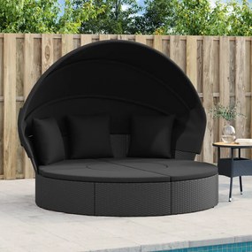 vidaXL Cama lounge de exterior c/ toldo e almofadões vime PE preto