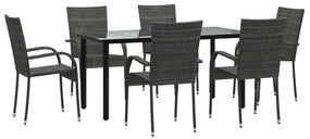 7 pcs conjunto de jantar p/ jardim vime PE cinzento