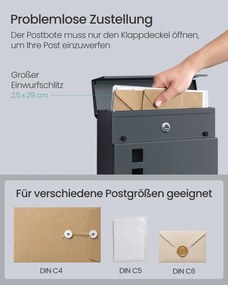 Caixa de correio XL, com compartimento para jornais, 9,5 x 29 x 31 cm, autocolante anti-publicidade indesejada, janela de visualização, com fechadura,