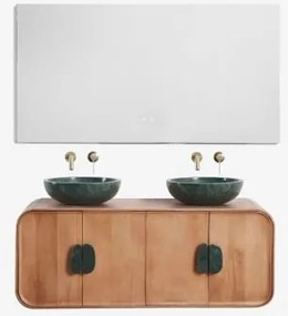Conjunto De Móvel De Casa De Banho Dupla Suspensa 130x45 Cm Em Madeira De Manga E Pedra Natural Kivalina Retangular Led E Anti-embaciamento 140x75 Cm