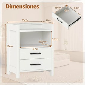 Mesa de cabeceira 45 x 35 x 60 cm com luzes LED e tomadas com 2 gavetas e prateleira aberta Branca