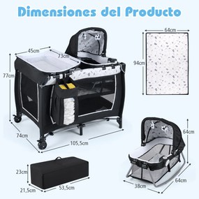 Berço com Centro de atividades 5 em 1 para bebés, parque e mesa para trocar fraldas. Inclui brinquedos suspensos, caixa de música, rodas e cesto. Pret
