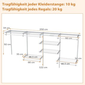 Guarda roupa aberto parede 122 - 244 cm Cabide de parede extensível Sistema de armazenamento DIY Branco