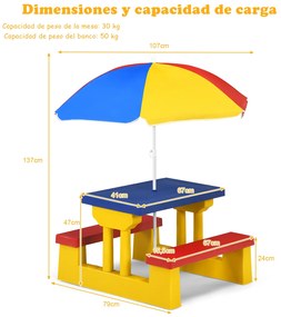 Conjunto de mesa e banco infantil para exterior com guarda-sol para crianças Mobiliário de piquenique para crianças 67 x 41 x 47 cm Multicolor