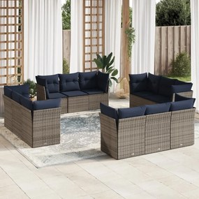 vidaXL 12 pcs conjunto sofás p/ jardim c/ almofadões vime PE cinzento
