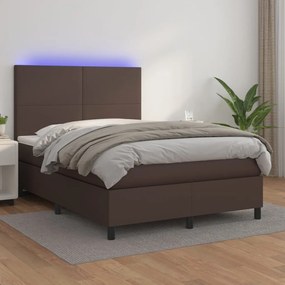 vidaXL Cama box spring c/ colchão/LED 140x200 cm couro artif. castanho