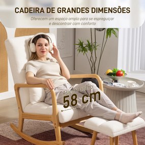 Poltrona de Baloiço com Apoio para os Pés Estofado em Bouclé com Almofada Acolchoada Encosto Ergonómico Apoios de Braços e Pés de Madeira 64,5x82x89 c