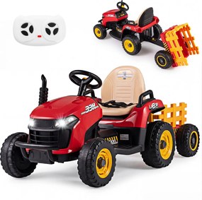Trator elétrico de 24 V, trator infantil com reboque rebatível e removível, controlo remoto, música e faróis LED, a partir dos 3 anos, vermelho