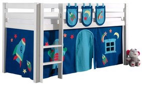 Conjunto Cama alta de Criança PINO 90 x 200 cm + estrado + escada + cortina +3 bolsas Astronauta Branca