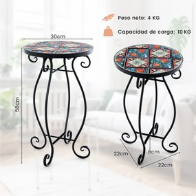 Mesa auxiliar de jardim em mosaico 30 x 50 cm (diâmetro x altura) com tampo em azulejos de cerâmica para varanda e jardim Preto