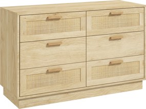 HOMCOM Cómoda Quarto 6 Gavetas Vime Estilo Boêmio Corredor Escritório 110x40x69 cm Carvalho | Aosom Portugal