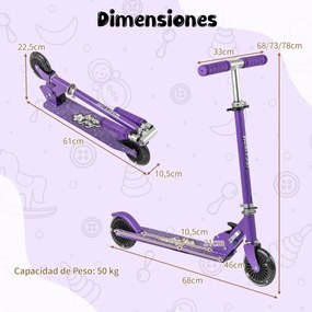 Trotinete dobrável para crianças com 2 rodas intermitentes Guiador ajustável Sistema de travão traseiro com apoios para os pés para crianças a partir