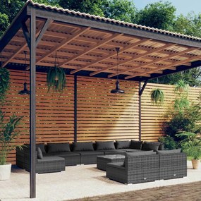 vidaXL 10 pcs conjunto lounge de jardim c/ almofadões vime PE cinzento