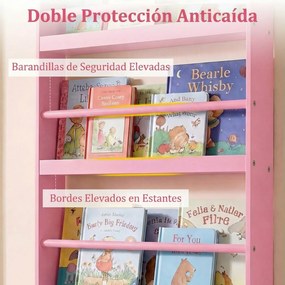 Estante infantil de parede com 4 níveis 56 x 12 x 107 cm, prateleiras abertas, barras de segurança e bordas elevadas para quarto infantil ou sala de a
