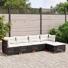 5 pcs conjunto sofás de jardim com almofadões vime PE preto