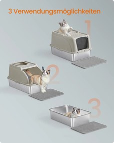 Caixa de areia para gatos em aço inoxidável com pá e escova, cor bege