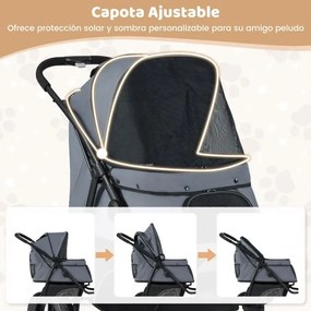 Carrinho de 3 rodas para cães pequenos e médios dobrável para animais de estimação com rodas todo-o-terreno Travão Capota ajustável Cinza