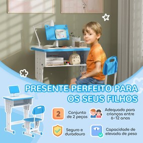 Conjunto de Secretária e Cadeira para Crianças com Altura Ajustável 1 Gaveta e 1 Prateleira para Livros 60x45x90-120 cm Azul