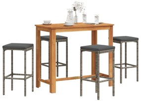 vidaXL 5 pcs conjunto de bar p/ jardim acácia maciça/vime PE cinzento