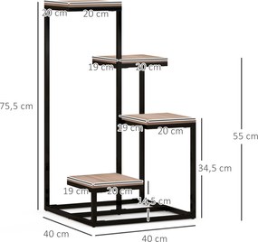 Estante para plantas e flores em metal e madeira 40 x 40 x 75,5 cm, com 4 níveis de alturas diferentes, estilo industrial preto e castanho
