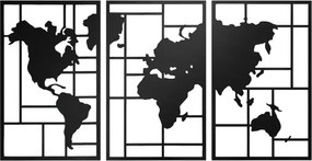 Decoração de Parede em Metal com Mapa Múndi Conjunto de 3 Peças Quadros de Parede Metálicos Preto