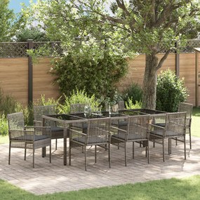 Conjunto de Jantar para Jardim de 9 Peças com Almofadas Cinza em Rattan